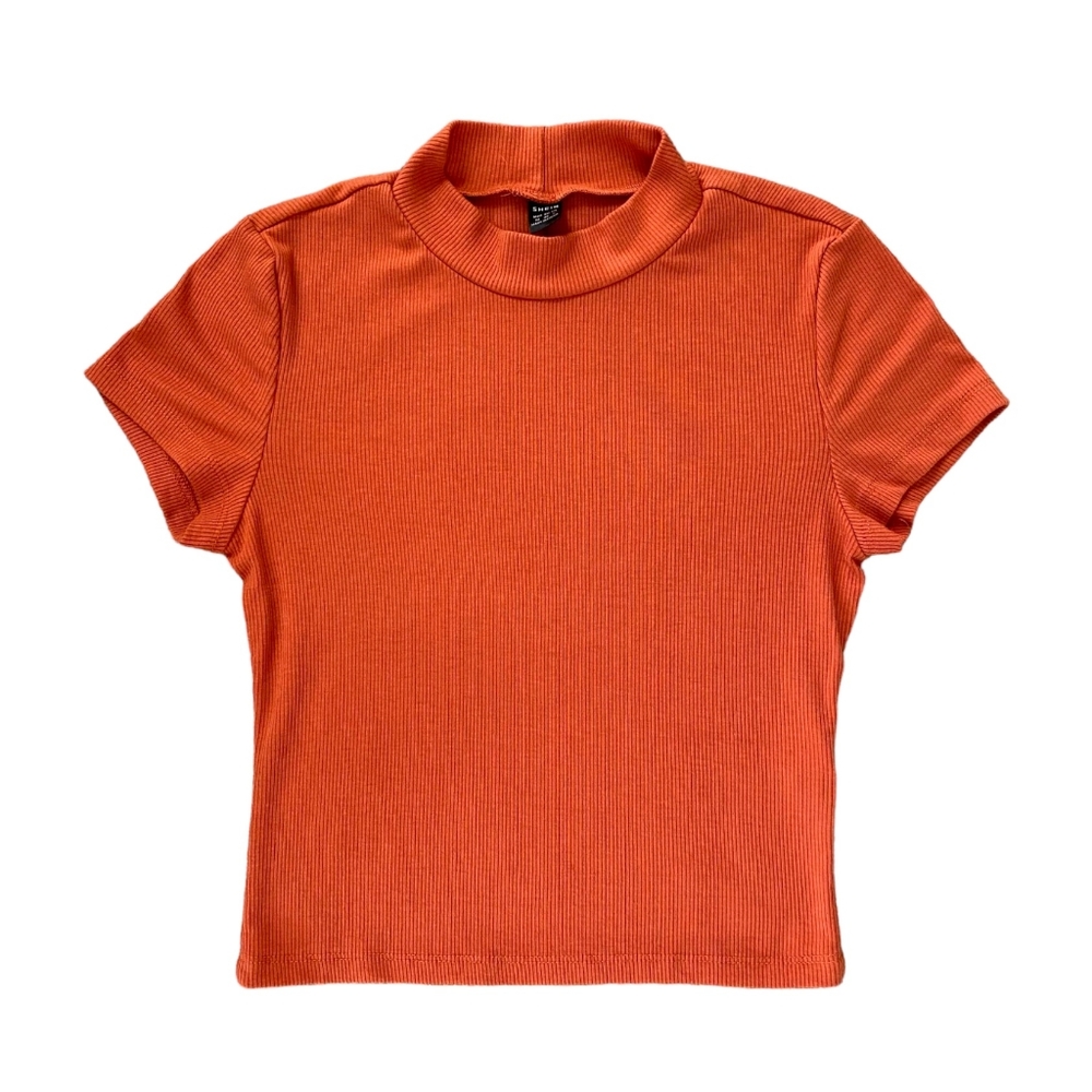 SHEIN Orange Ribbed Mock-Neck Short Sleeved Tee